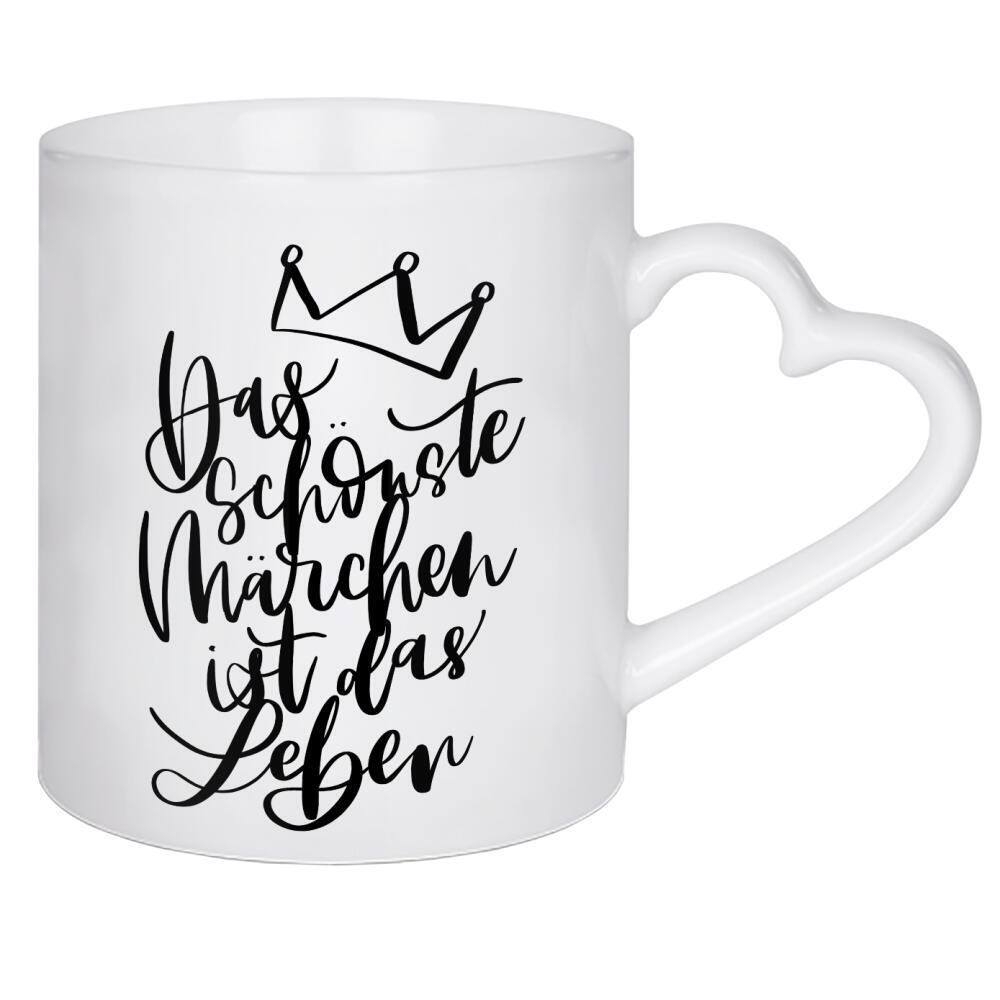 Herztasse "Das schönste Märchen" artboxONE - Typografie,Floral,Schwarzweiß - Typografie,Märchen,Leben,Weisheit,Spruch,Motivation