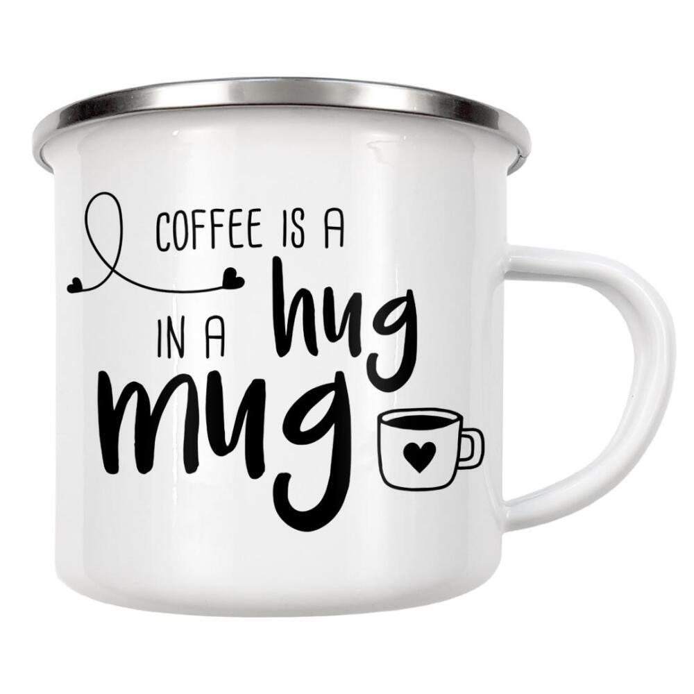Emaille Tasse "Hug in a Mug" artboxONE - Typografie,Essen & Trinken,Schwarzweiß