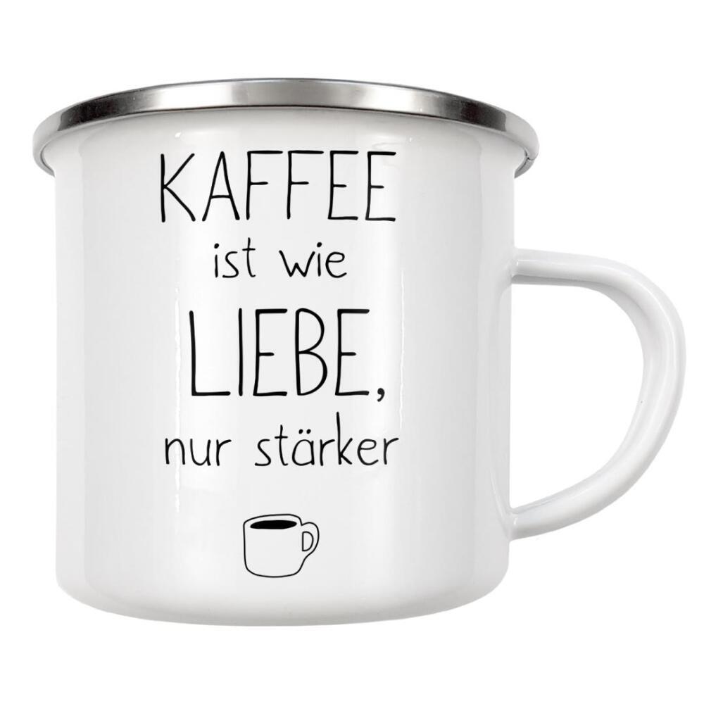 Emaille Tasse "Kaffee > Liebe" artboxONE - Typografie,Essen & Trinken,Schwarzweiß,Liebe,Lustig
