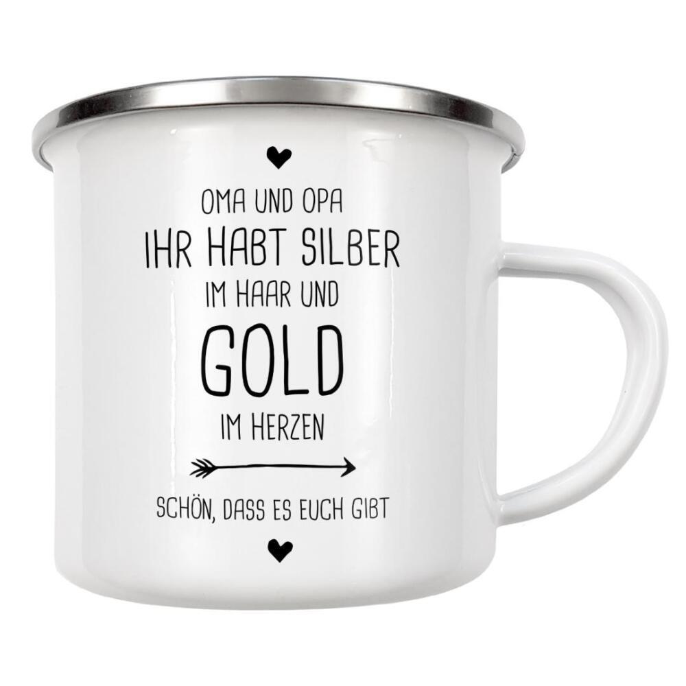 Emaille Tasse "Oma und Opa" artboxONE - Typografie,Schwarzweiß,Für Mama,Für Papa - Oma,Opa,Herzen,Schön,Typo,Typografie,Familie