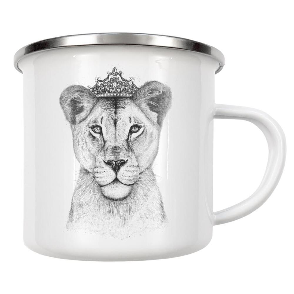 Emaille Tasse "The Lioness Queen" artboxONE - Tiere,Schwarzweiß,Lustig - Löwin,Löwe,Königin,Krone,Löwenkönigin,Tier,Schwarzweiß