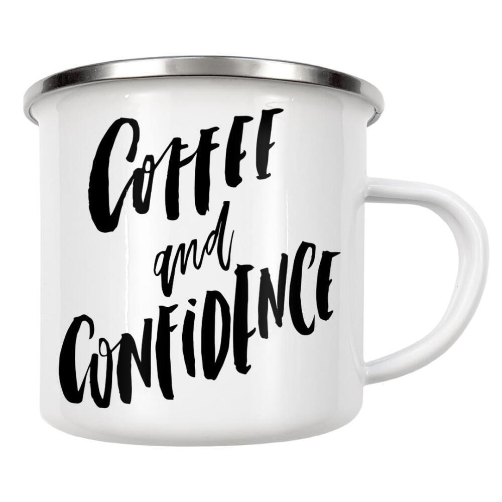 Emaille Tasse "Coffee & Confidence" artboxONE - Typografie,Essen & Trinken,Schwarzweiß,Sport / Motivation