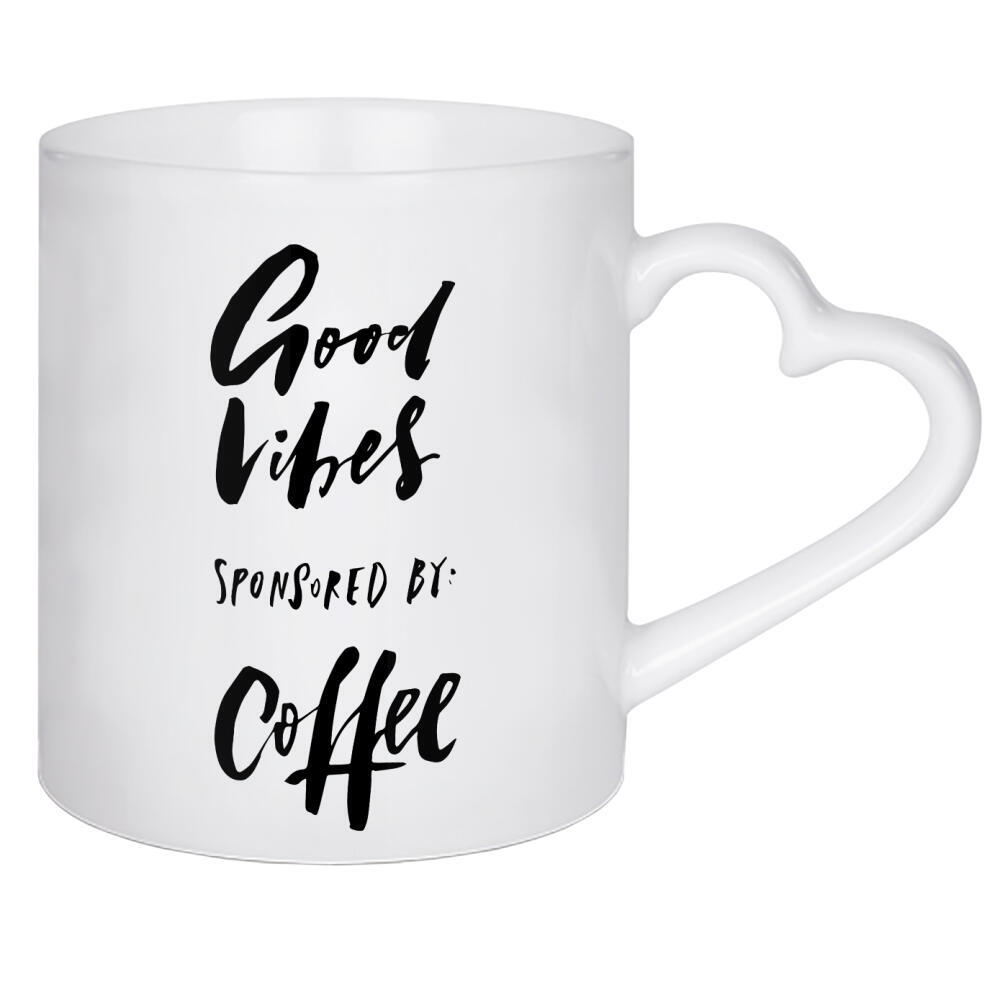 Herztasse "Good Vibes Sponsored By Coffee" artboxONE - Typografie,Essen & Trinken,Schwarzweiß,Lustig