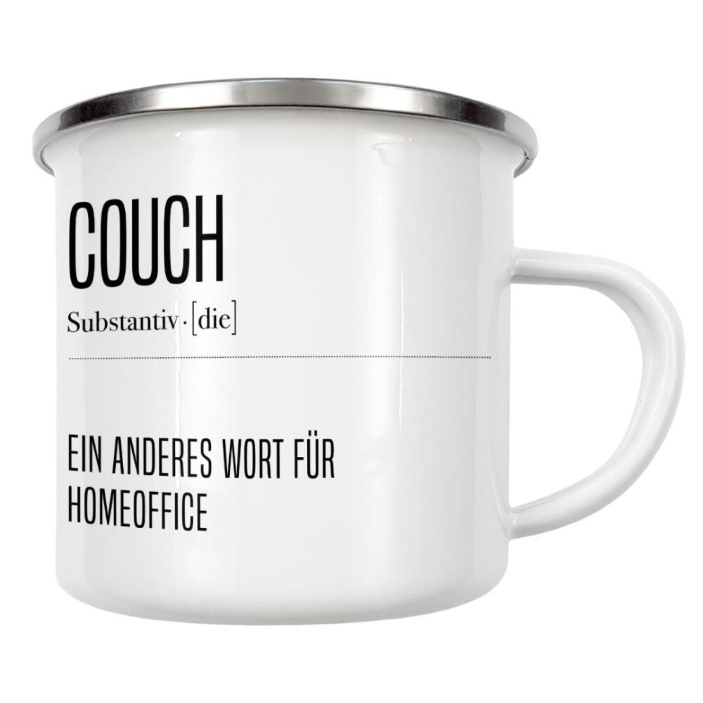 Emaille Tasse "Couch" artboxONE - Typografie,Schwarzweiß,Lustig - Sofa,Chillen,Entspannen,Arbeiten,Fernsehen,Tv,Liegen,Büro