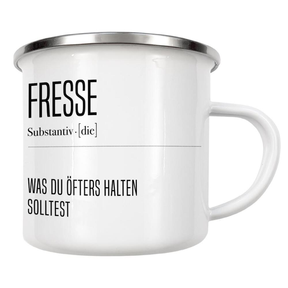 Emaille Tasse "Fresse" artboxONE - Typografie,Schwarzweiß,Lustig - Lustig,Definition,Wörterbuch,Klappe,Schweigen,Liebe,Mund