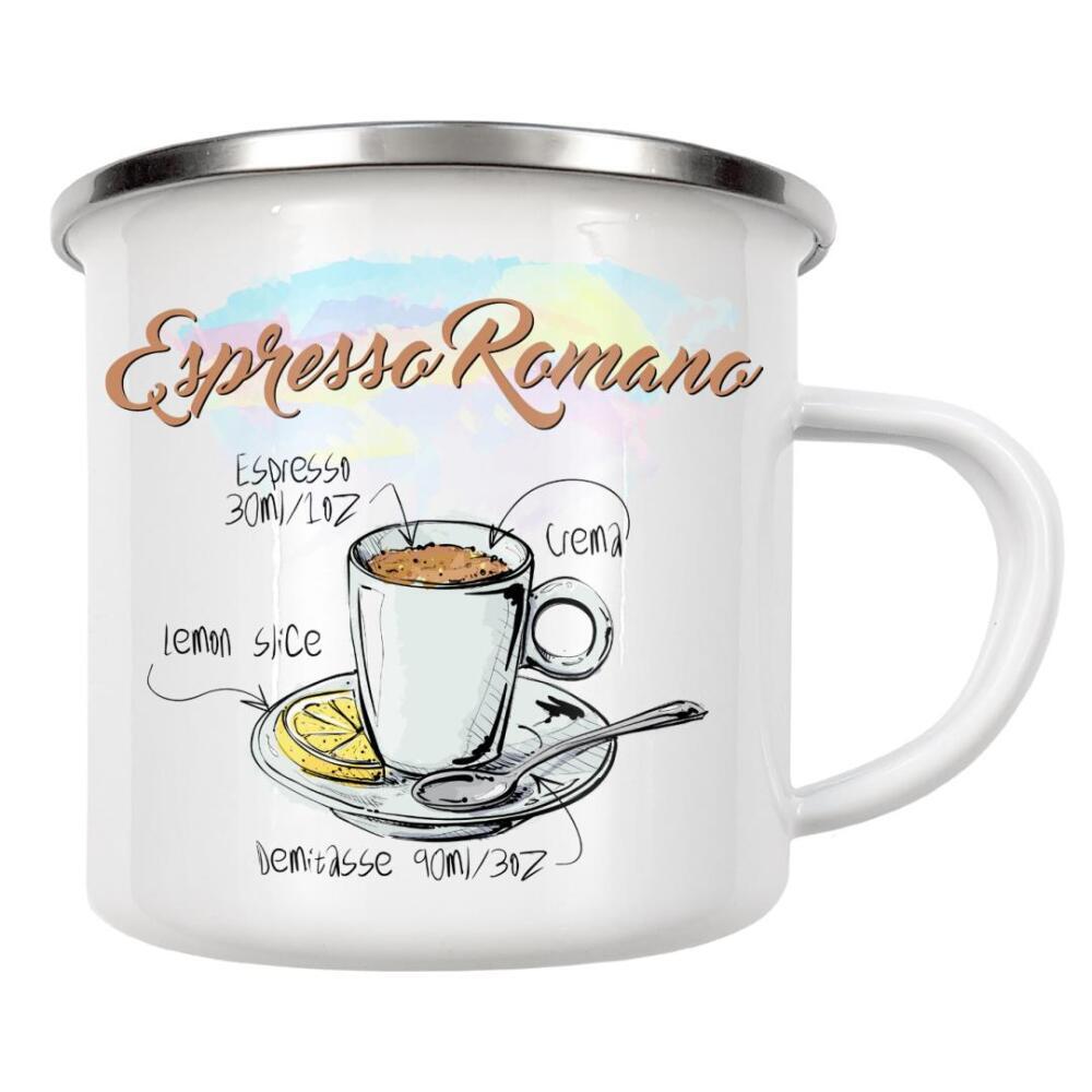 Emaille Tasse "Espresso Romano" artboxONE - Essen & Trinken - Rezept,Drink,Trinken,Coffee,Bar,Zucker,Tasse,Cafe,Zitrone,Kaffee