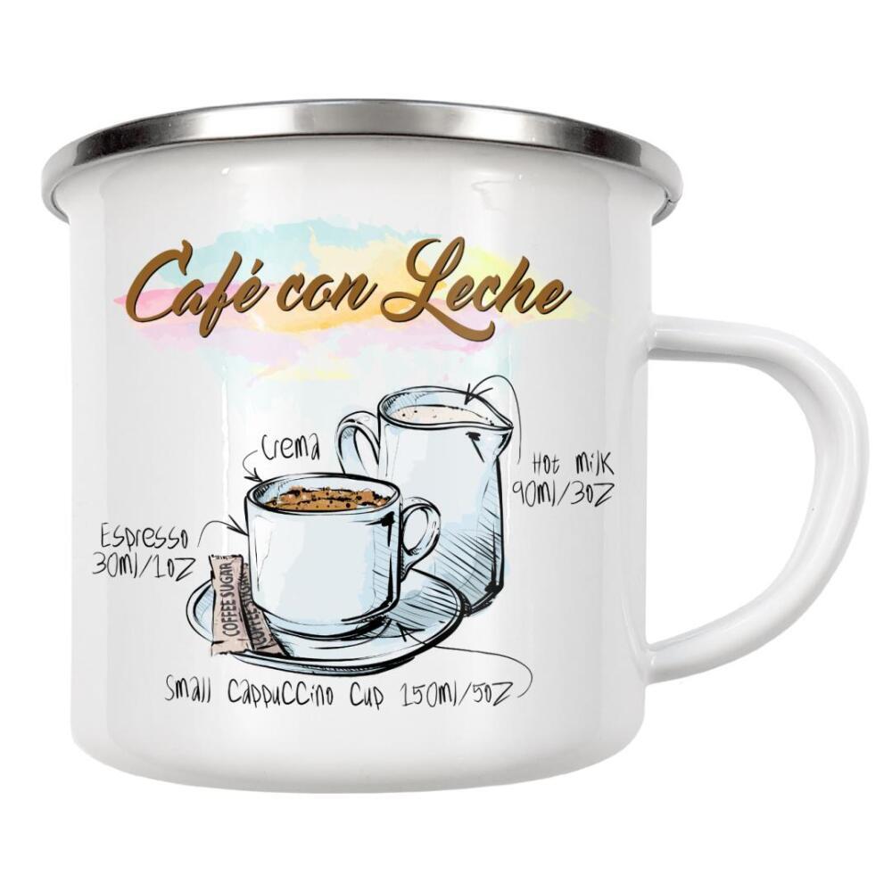 Emaille Tasse "Café con Leche" artboxONE - Essen & Trinken - Rezept,Drink,Trinken,Coffee,Bar,Zucker,Tasse,Cafe,Sahne,Kaffee