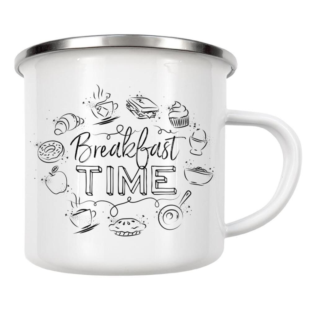 Emaille Tasse "Monogram breakfast time" artboxONE - Essen & Trinken,Schwarzweiß,Essen & Trinken / Obst & Gemüse