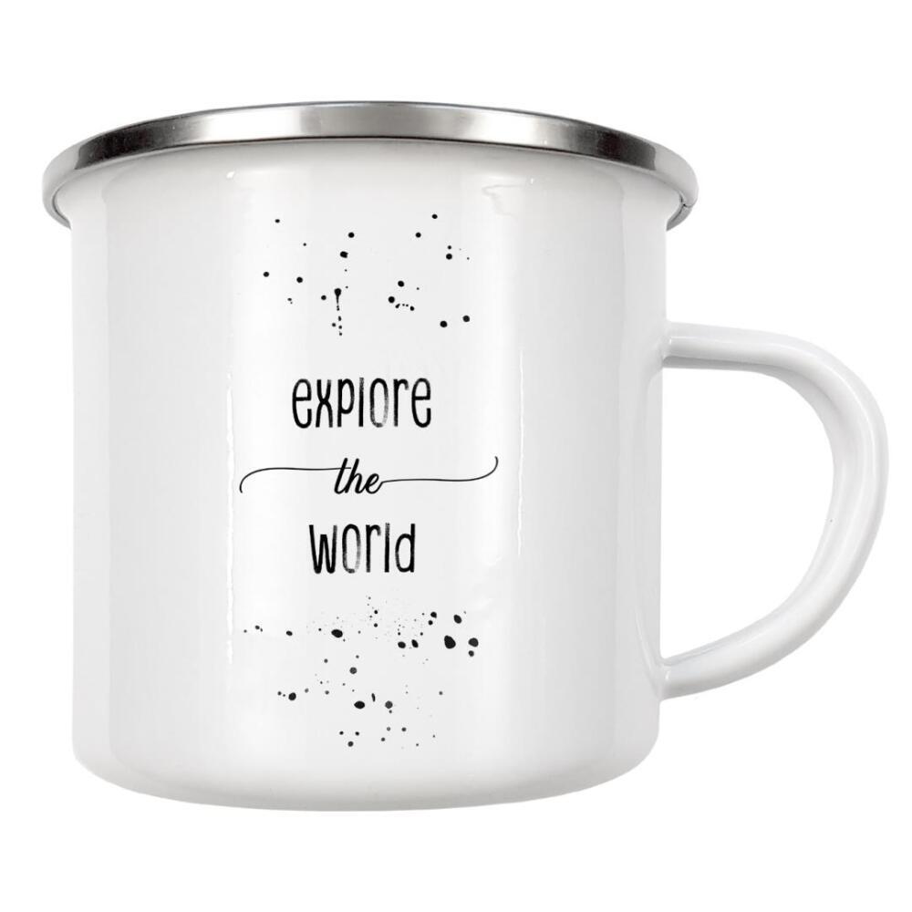 Emaille Tasse "Explore the world 4" artboxONE - Typografie,Reise,Schwarzweiß,Sport / Motivation