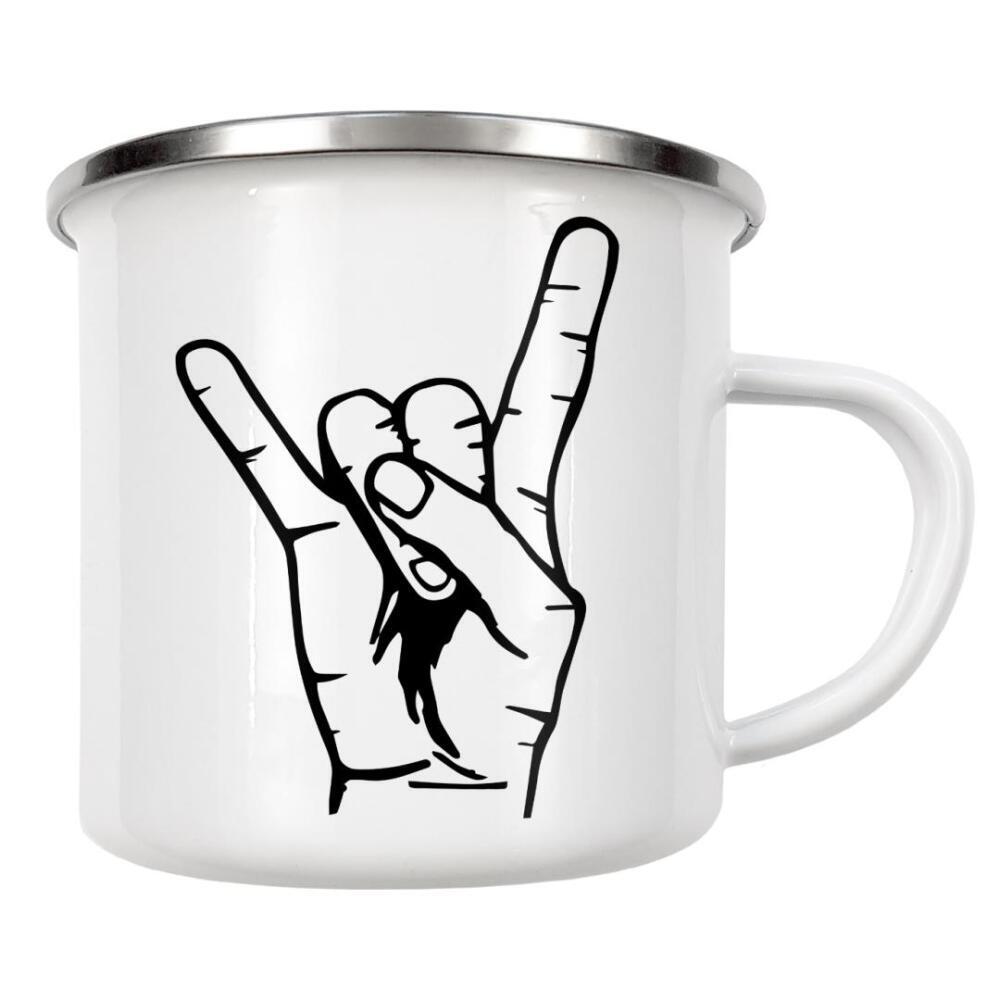 Emaille Tasse "Rockhand" artboxONE - Schwarzweiß,Musik,Festivals - Headbanging,Zeichnung,Hand,Finger,Pommesgabel,Rock,Rocknroll,Metal,Heavy metal