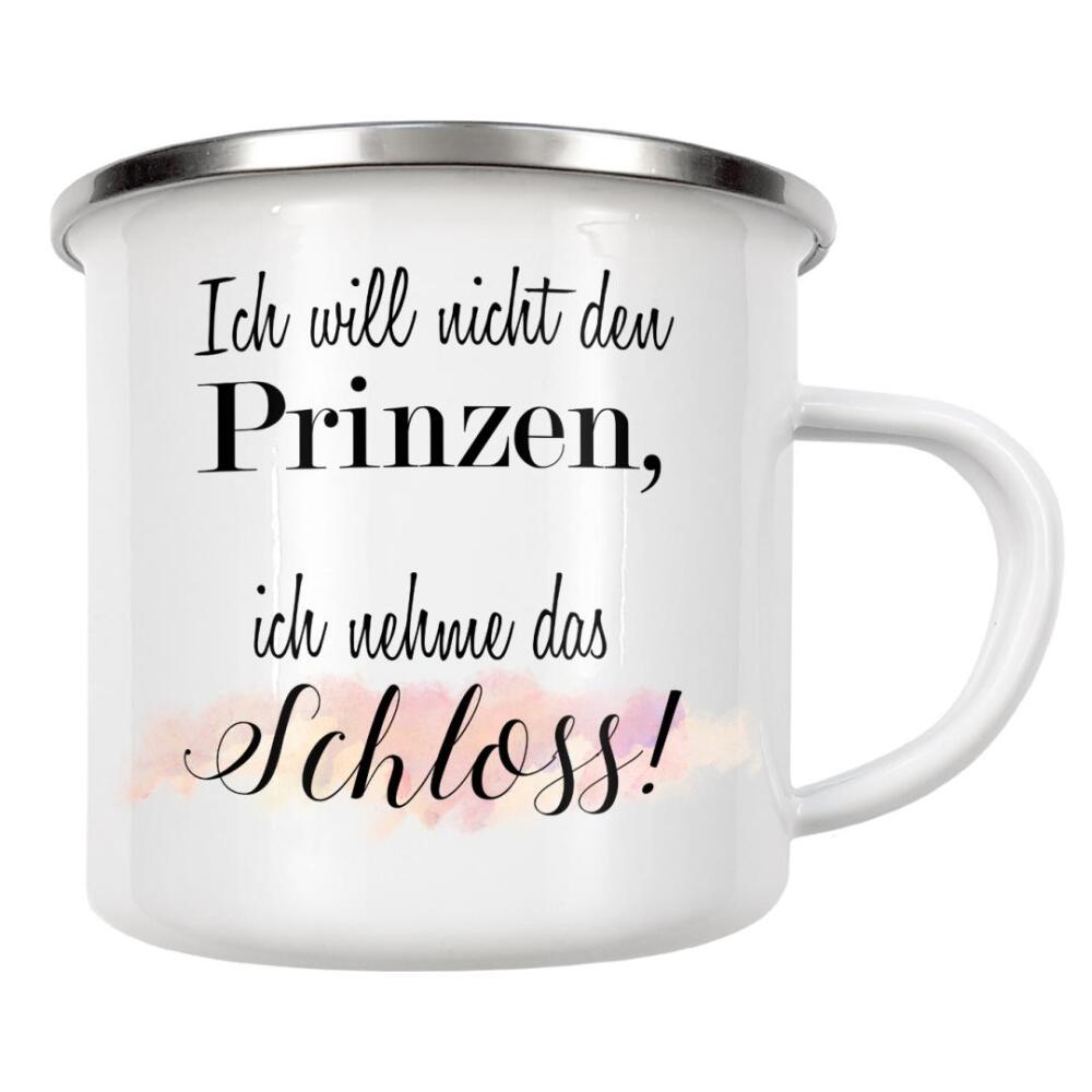 Emaille Tasse "Prinz & Schloss" artboxONE - Typografie,Lustig - Single,Alleine,Frei,Antivalentinstag,Solo,Ledig,Apart,Abgesondert,Lustig