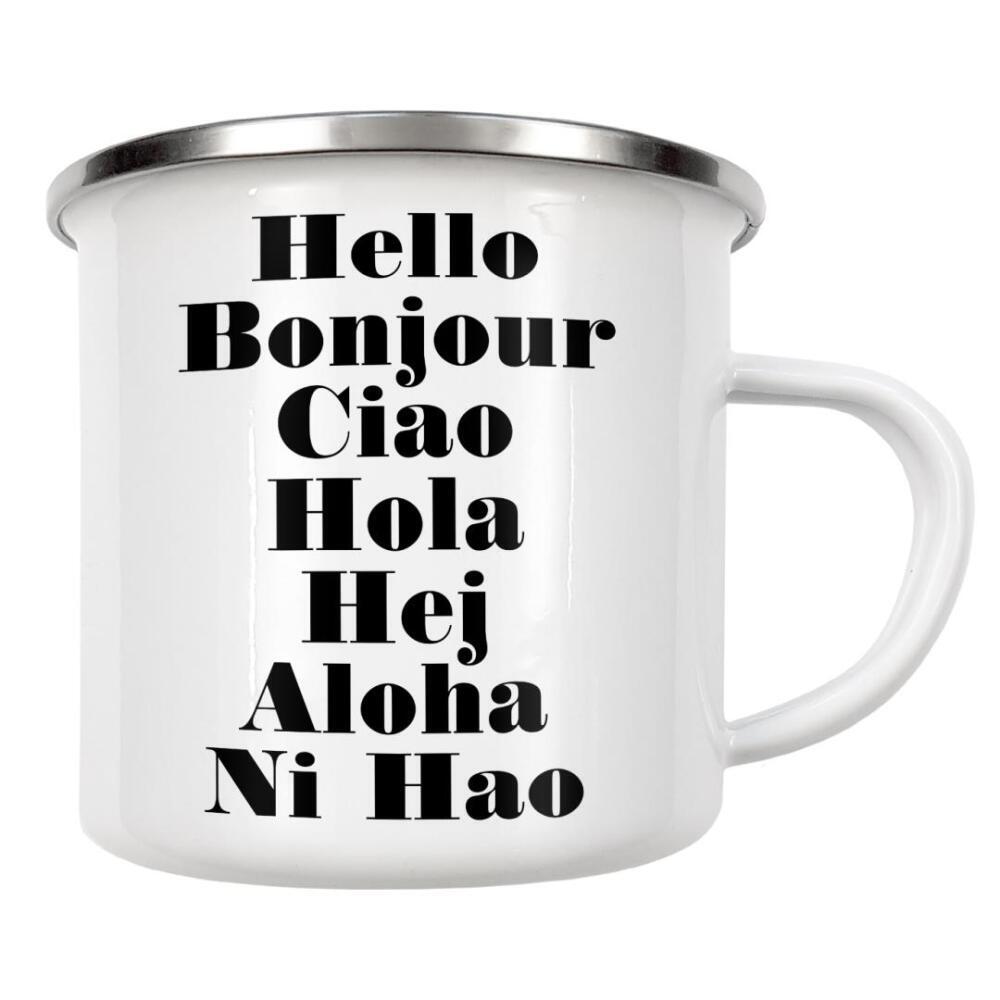 Emaille Tasse "Hello Bonjour Ciao Hola Hej Aloha" artboxONE - Typografie,Reise,Schwarzweiß