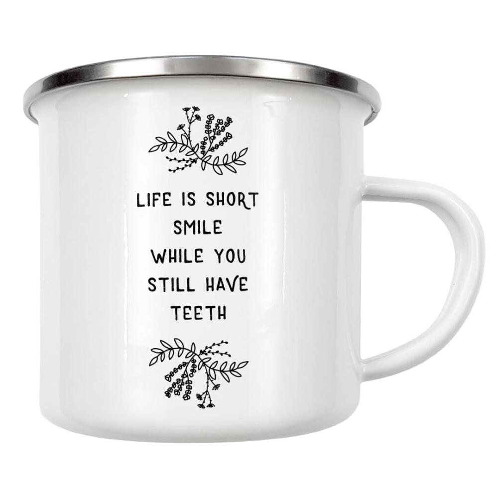 Emaille Tasse "Life Is Short Smile BW" artboxONE - Typografie,Floral,Schwarzweiß,Lustig