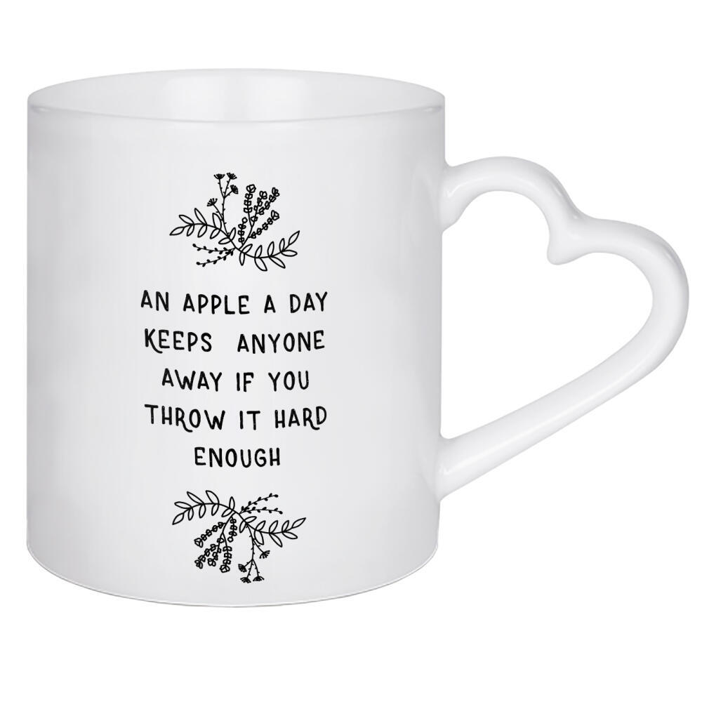 Herztasse "An Apple A Day BW" artboxONE - Typografie,Floral,Abstrakt,Schwarzweiß,Essen & Trinken / Obst & Gemüse,Lustig
