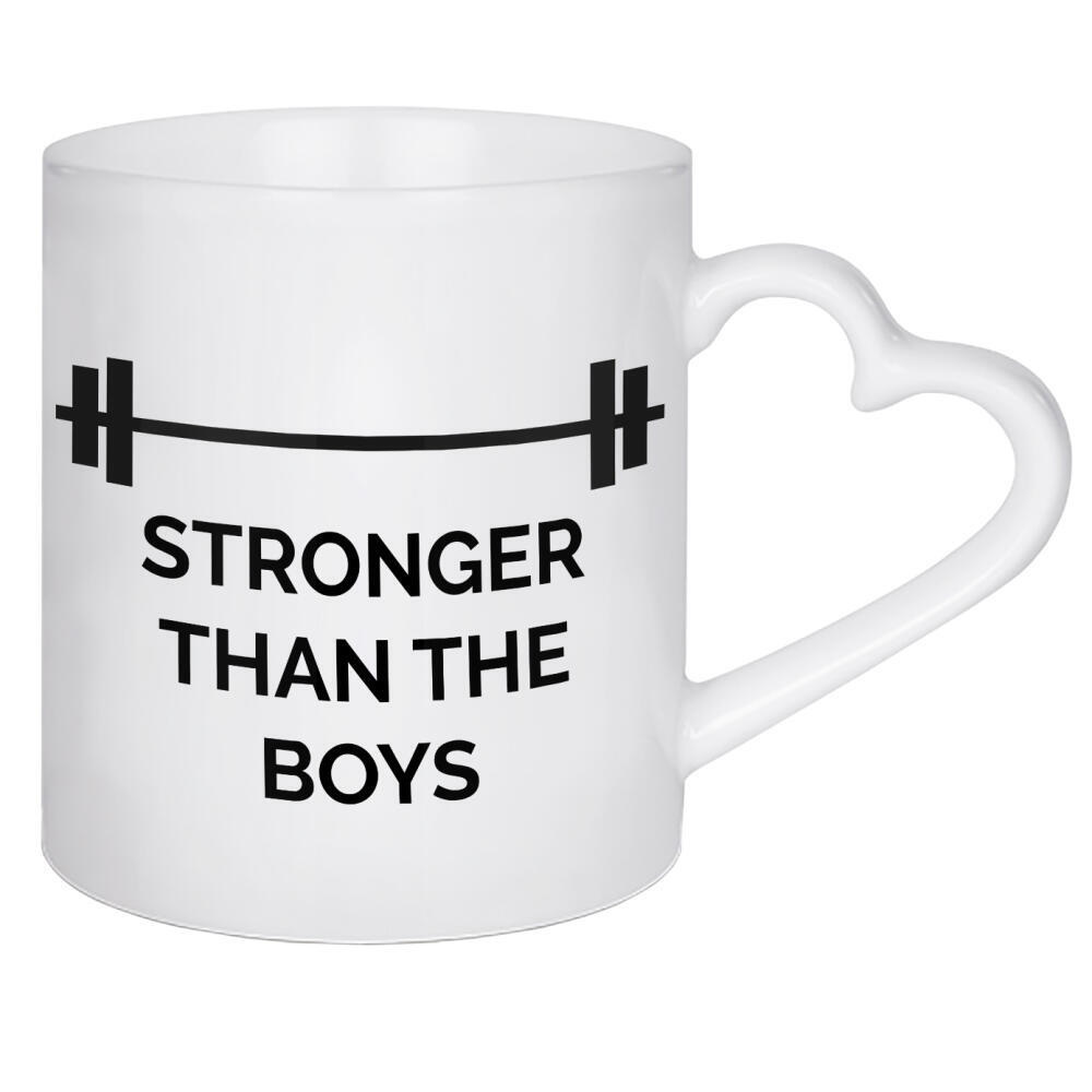 Herztasse "Stronger than the boys" artboxONE - Typografie,Schwarzweiß,Sport,Sport / Motivation