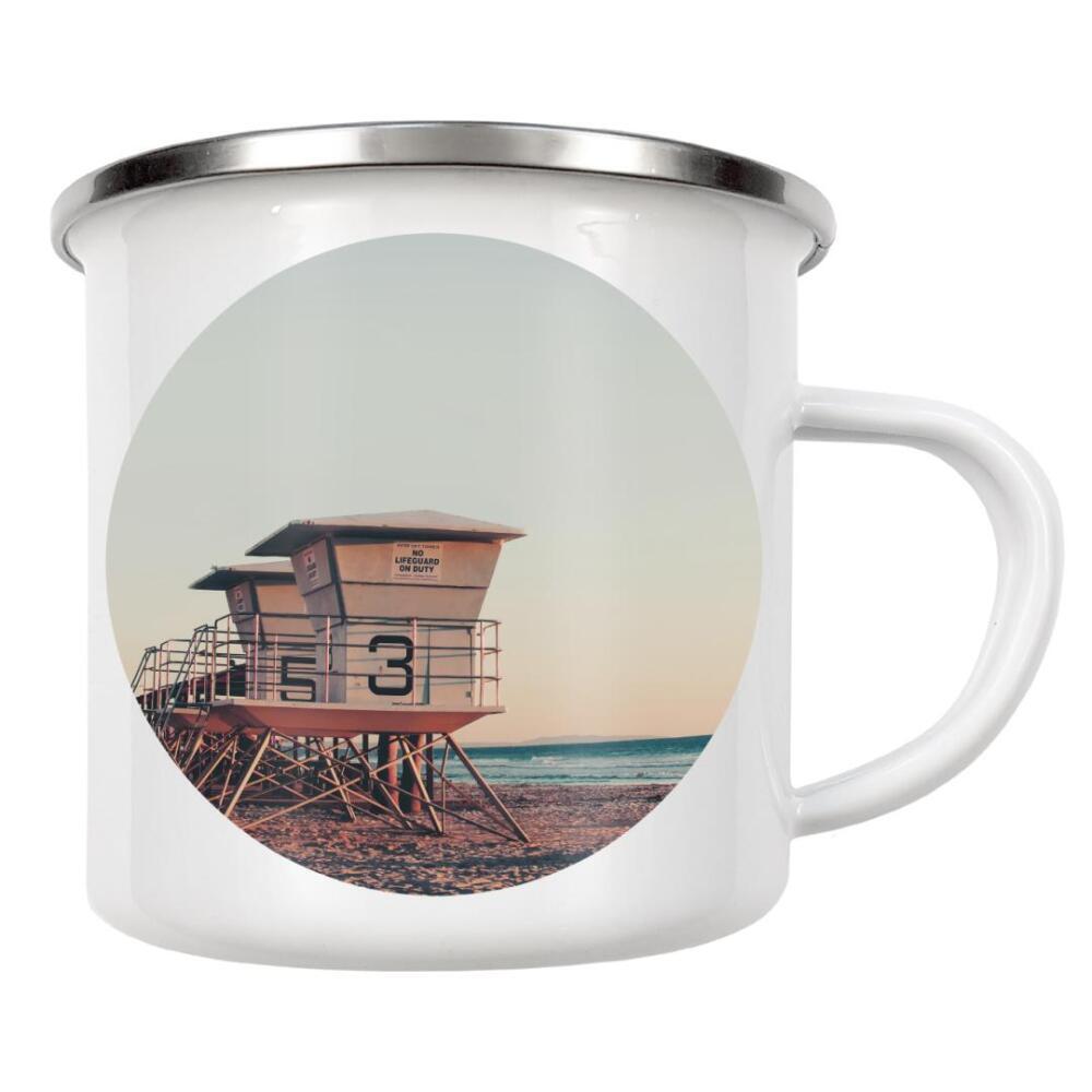 Emaille Tasse "Coastal Beach Guard House" artboxONE - Reise,Reise / Strand und Meer - Coastal,Guard house,Sea,Beach,Ocean,Meer,Strand