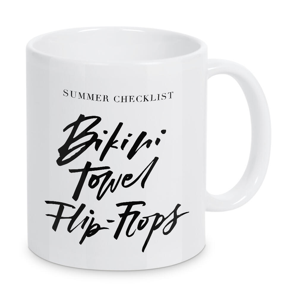 Tasse "Summer Checklist Bikini Flip-Flops" artboxONE - Typografie,Reise,Schwarzweiß,Reise / Strand und Meer - Bikini,Flip flops,Towel,Summer,Beach
