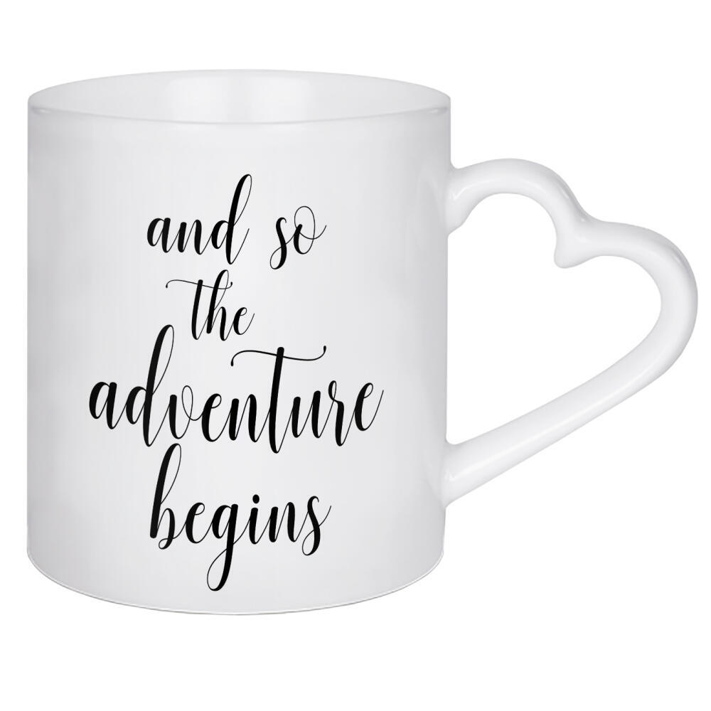 Herztasse "The adventure begins" artboxONE - Typografie,Schwarzweiß,Liebe - Adventure,Marriage,Wedding,Love