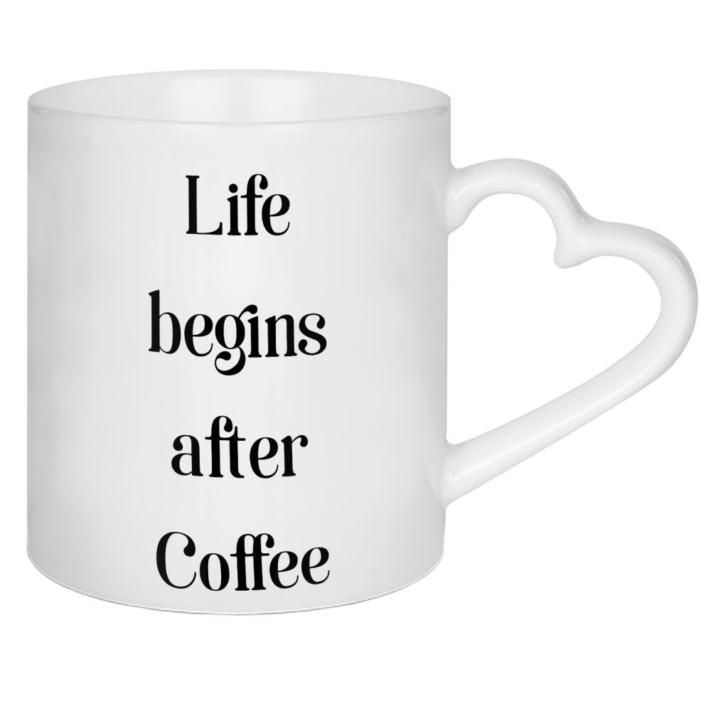 Herztasse "Life begins ...after Coffee" artboxONE - Typografie,Essen & Trinken,Schwarzweiß,Lustig