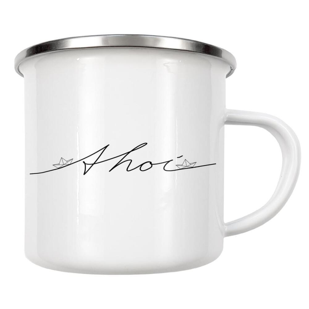 Emaille Tasse "Ahoi Ahoi" artboxONE - Typografie,Schwarzweiß - Ahoi,Papierboot,Boot