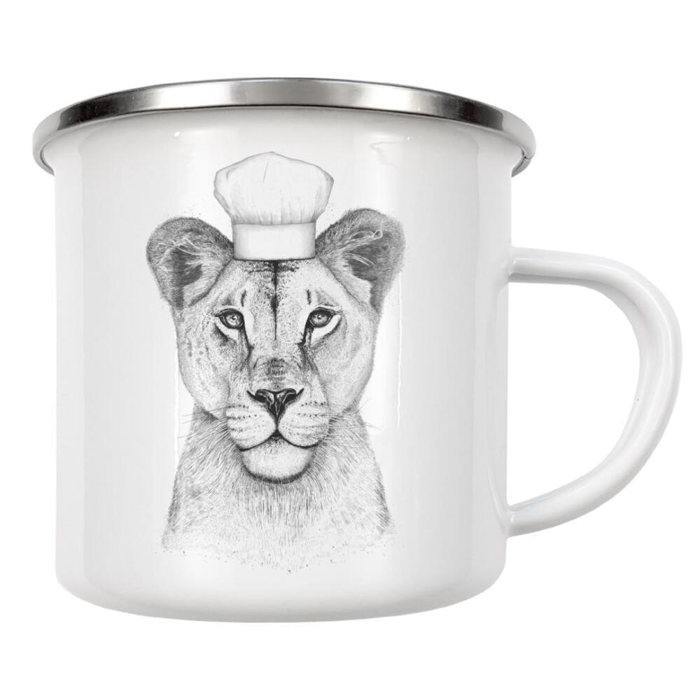 Emaille Tasse "Löwin Köchin" artboxONE - Tiere,Schwarzweiß - Löwin,Löwe,Koch,Köchin