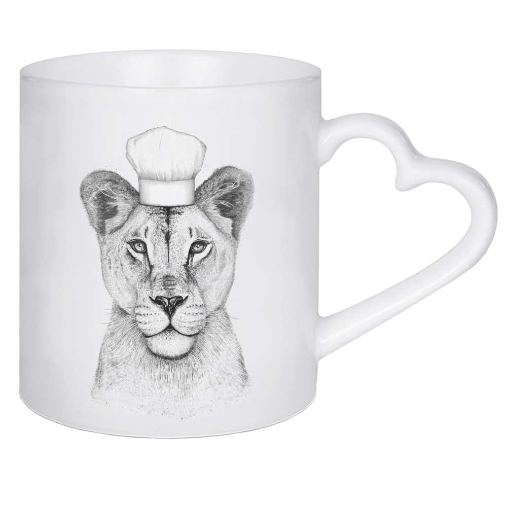 Herztasse "Löwin Köchin" artboxONE - Tiere,Schwarzweiß - Löwin,Löwe,Koch,Köchin