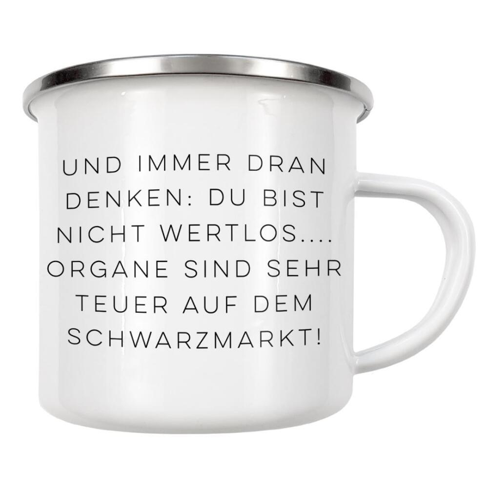 Emaille Tasse "Schwarzmarkt" artboxONE - Typografie,Schwarzweiß - Krankenschwester,Organhandel