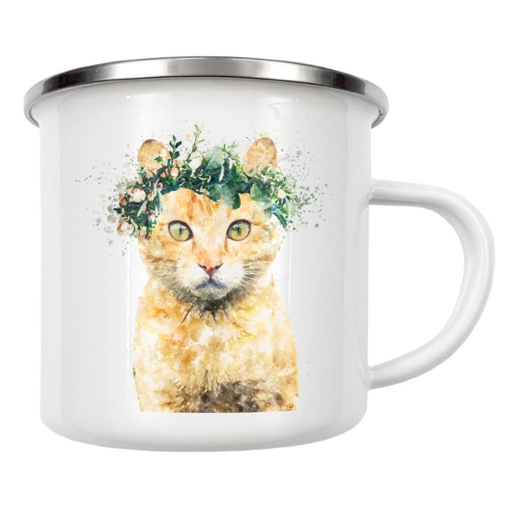 Emaille Tasse "Bohemian Cat with Flowers" artboxONE - Tiere - Cat,Plants,Leaves