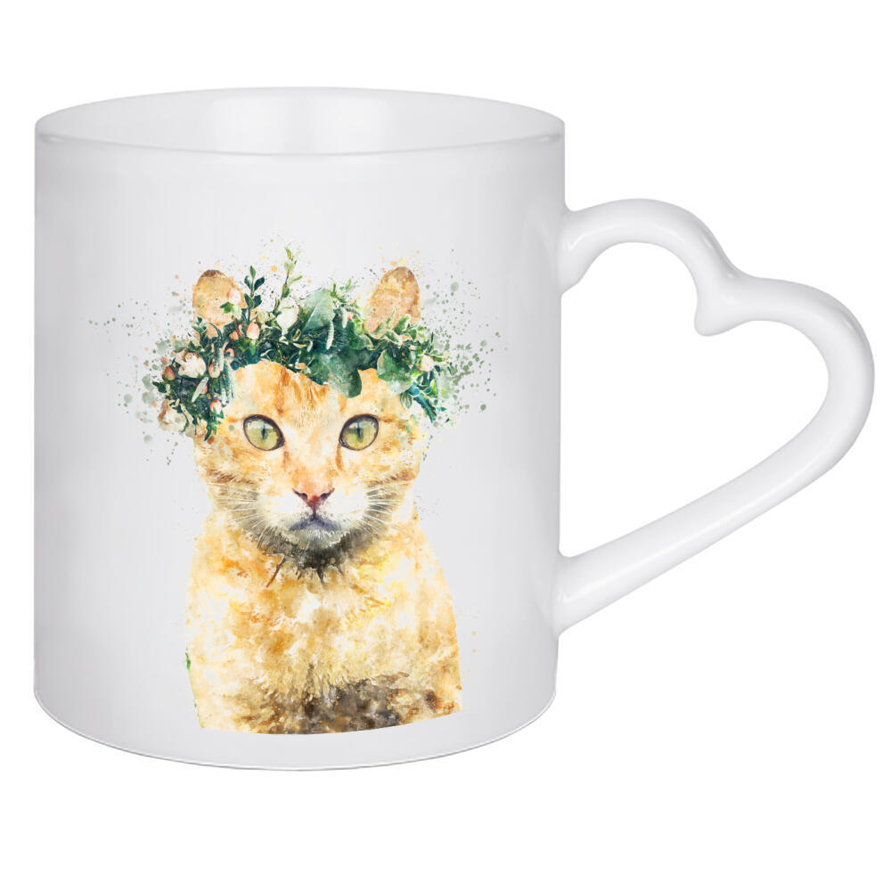 Herztasse "Bohemian Cat with Flowers" artboxONE - Tiere - Cat,Plants,Leaves