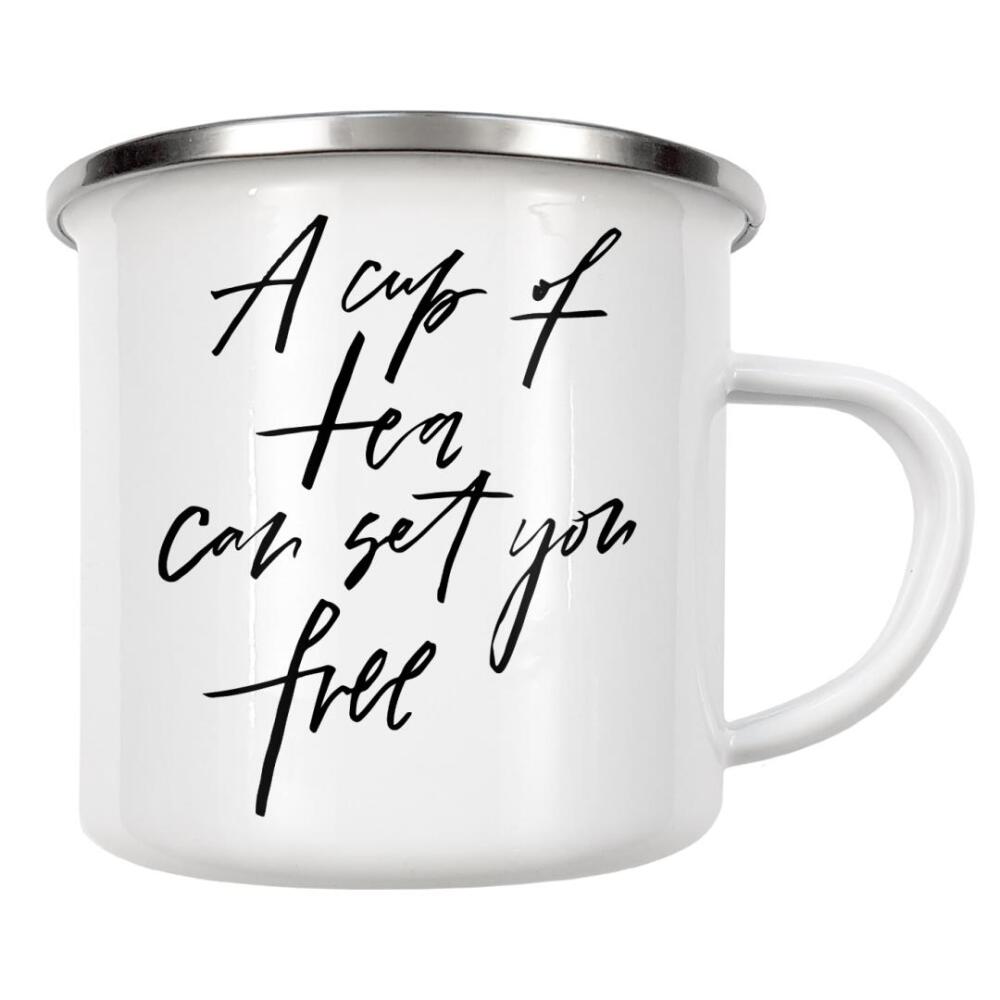 Emaille Tasse "A Cup Of Tea Can Set You Free" artboxONE - Typografie,Schwarzweiß - Tea,Cup,Free,Tea time