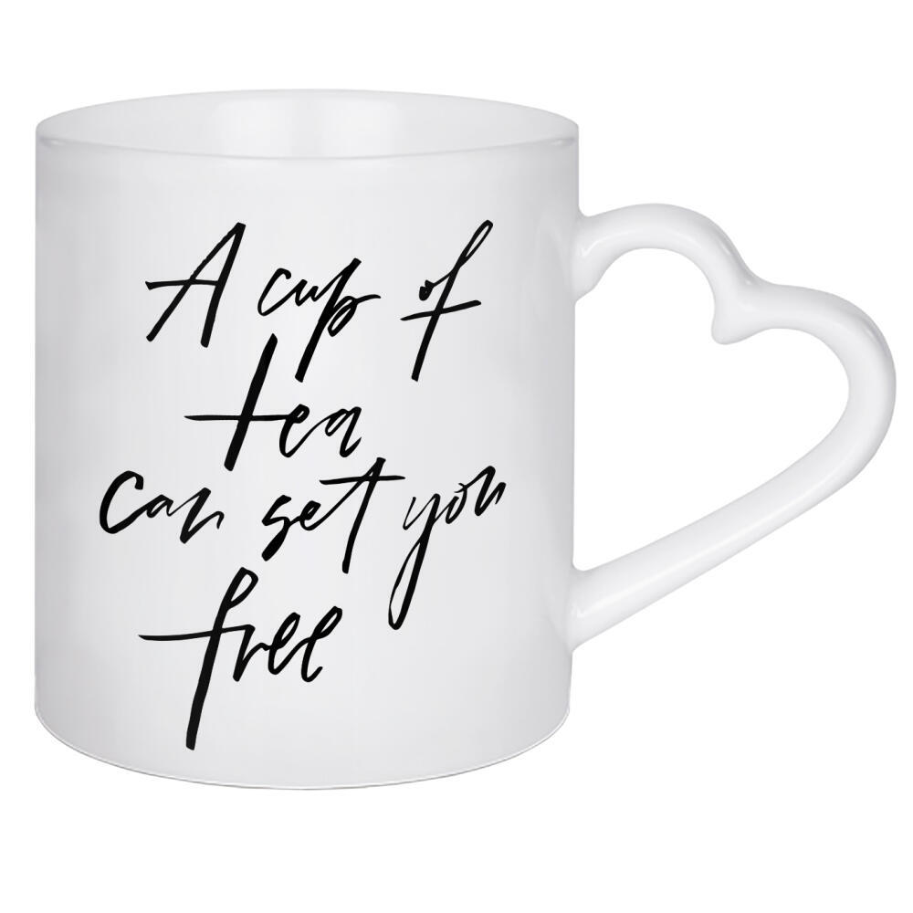 Herztasse "A Cup Of Tea Can Set You Free" artboxONE - Typografie,Schwarzweiß - Tea,Cup,Free,Tea time