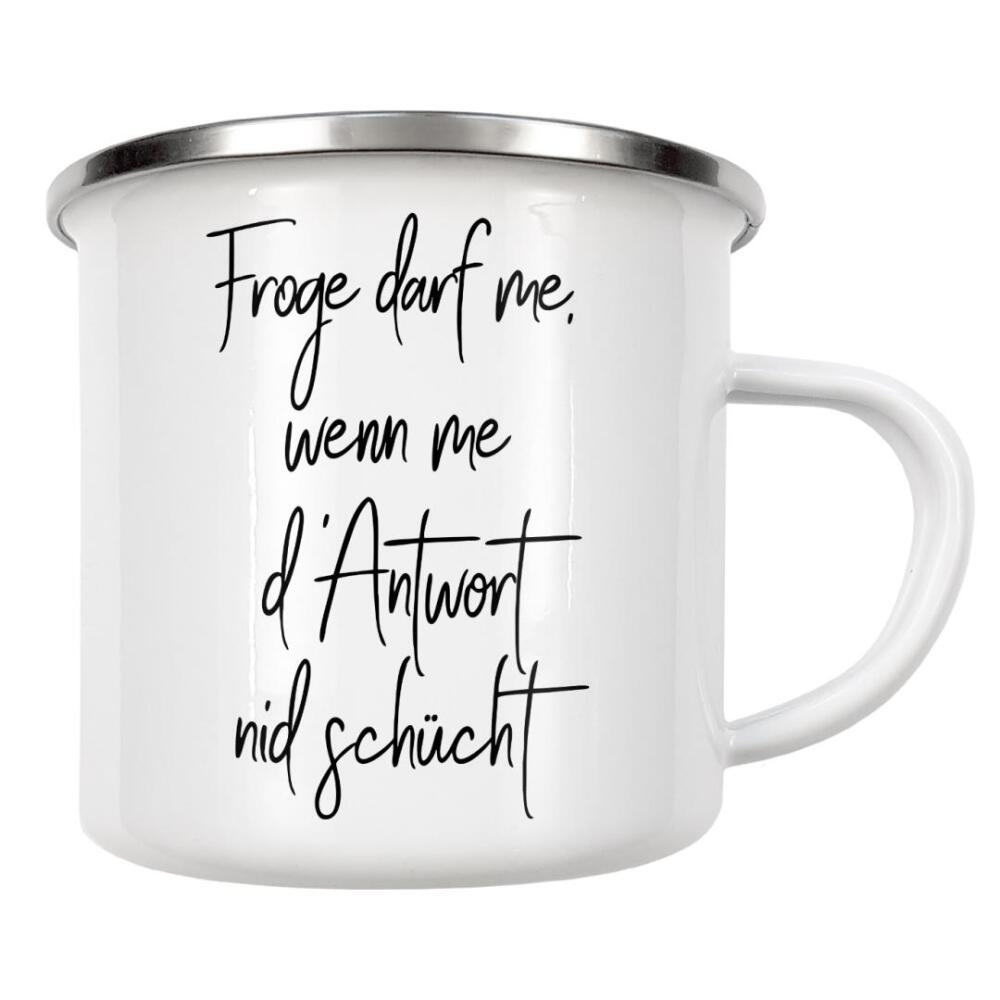 Emaille Tasse "Froge darf me" artboxONE - Typografie,Schwarzweiß
