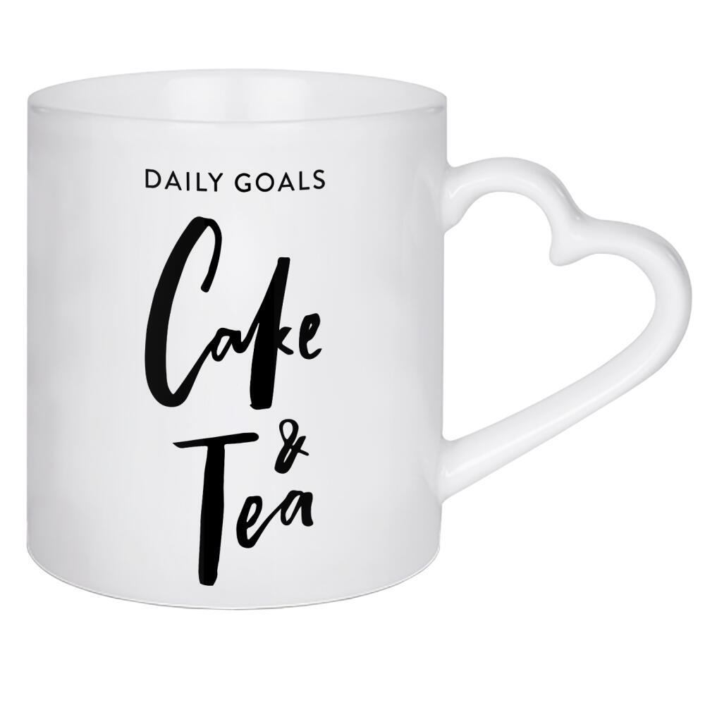 Herztasse "Daily Goals Cake & Tea - Quote" artboxONE - Typografie,Essen & Trinken,Schwarzweiß - Tea lover,Inspiration,Quote,Tea