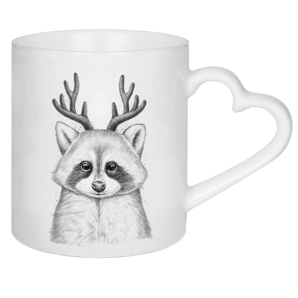 Herztasse "Raccoon deer" artboxONE - Tiere,Schwarzweiß - Waschbär,Waschbären,Tier,Tiere,Natur,Hörner,Hirsch,Weihnachten,Winter,Schwarz und weiß
