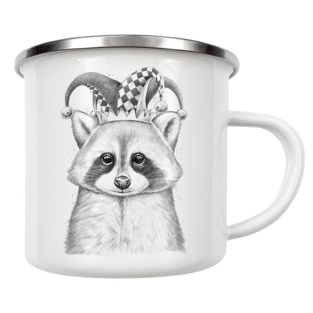 Emaille Tasse "Raccoon joker" artboxONE - Natur,Tiere,Schwarzweiß - Waschbär,Waschbären,Tier,Tiere,Natur,Narr,Joker,Hut