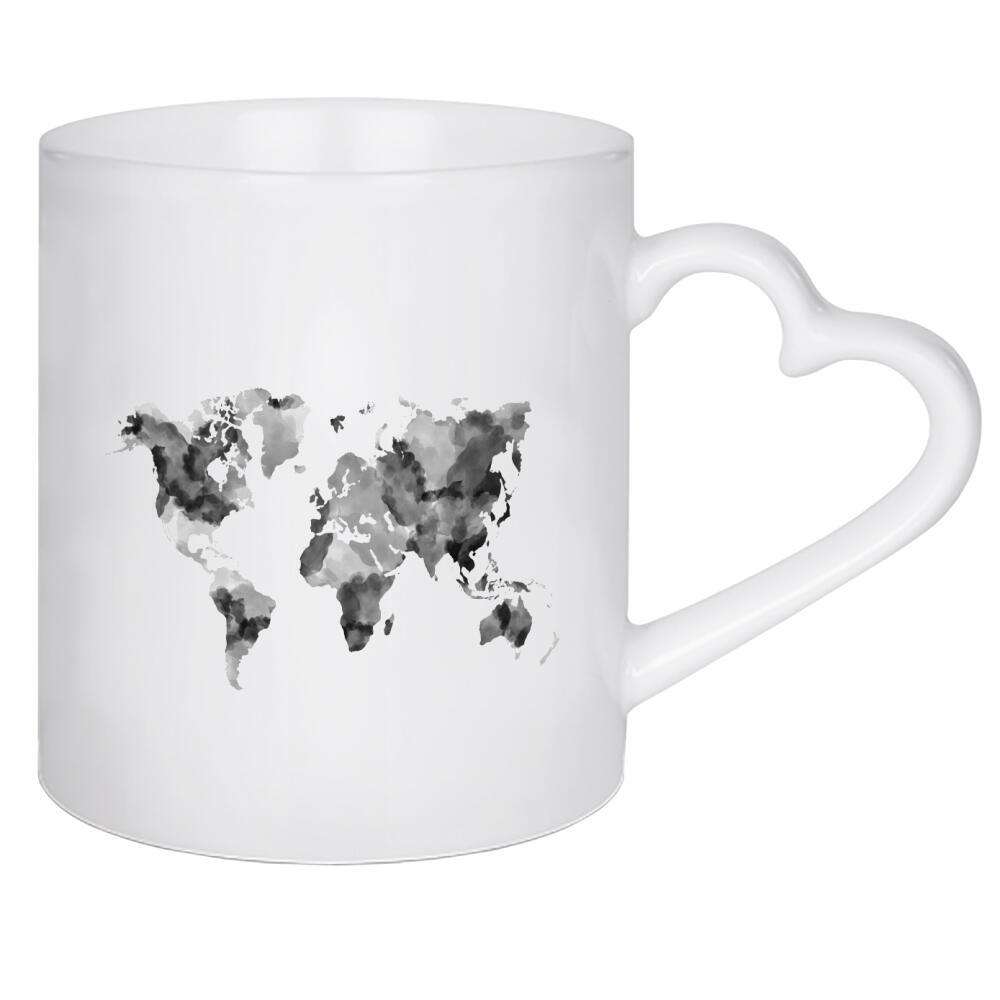 Herztasse "World Map black & white" artboxONE - Reise,Schwarzweiß,Kartografie - Map of the world,Maps,Watercolor map,World map,Worldmap