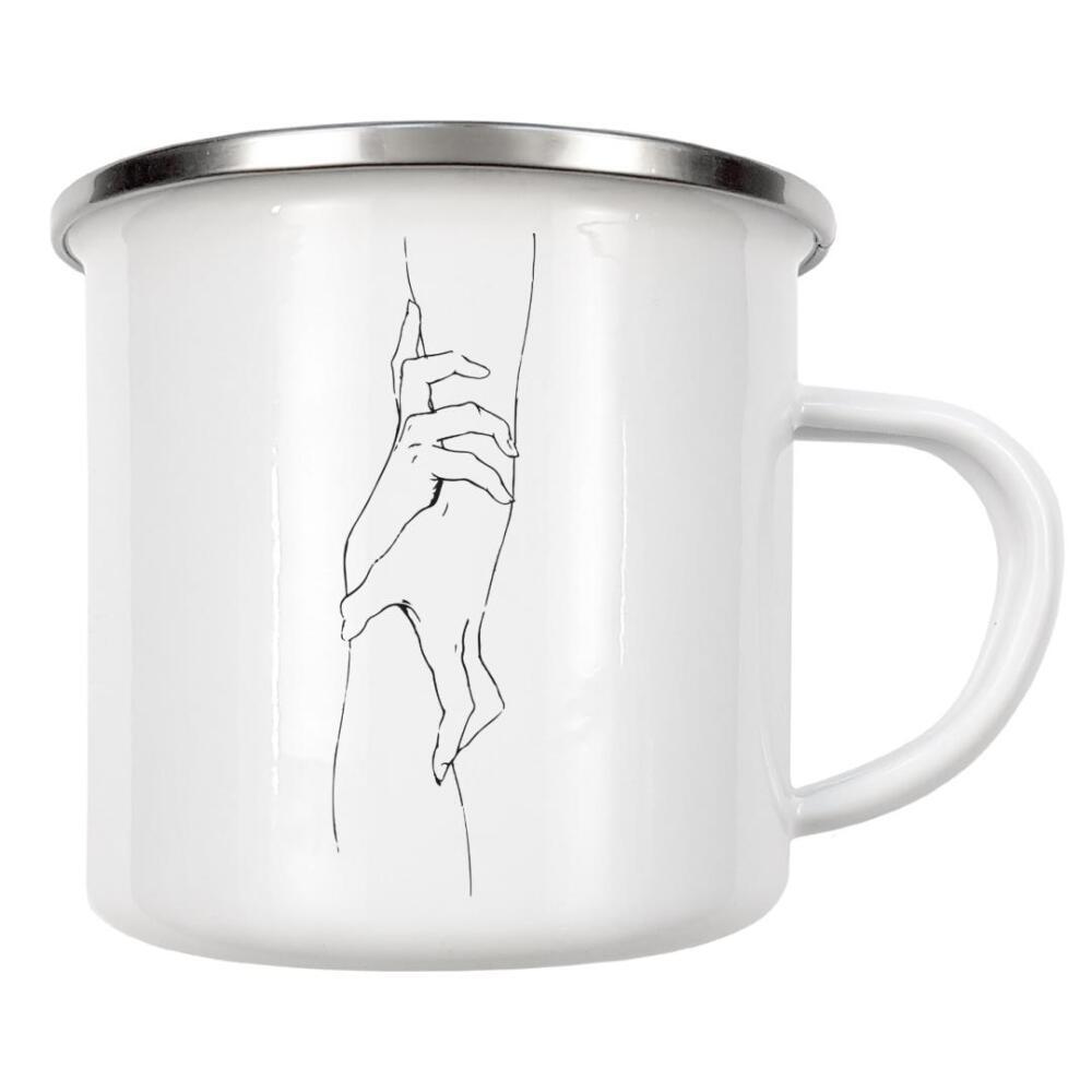 Emaille Tasse "Reaching Hands" artboxONE - Menschen,Schwarzweiß,Liebe - Liebe,Hände,Pärchen,Minimal,Minimalistisch,Oneline,Lineart,Love