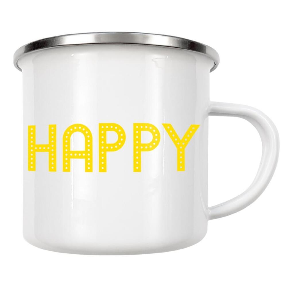 Emaille Tasse "HAPPY yellow" artboxONE - Typografie,Für Kinder,Musik,Liebe,Für Mama,Für Papa,Festivals - Happy,Positive