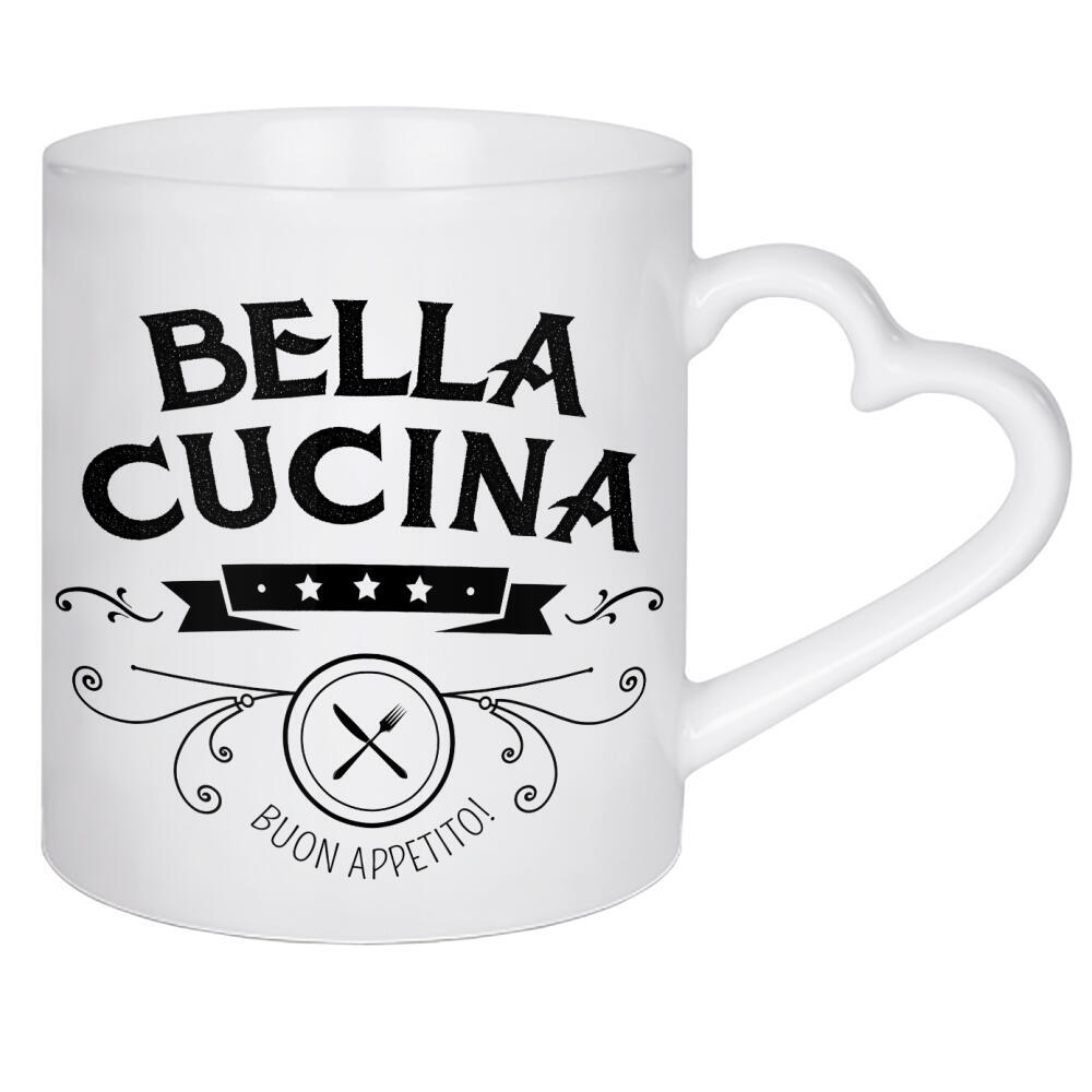 Herztasse "Bella Cucina" artboxONE - Typografie,Essen & Trinken,Schwarzweiß - Bella cucina,Küche,Kitchen,Dinner table,Dinner