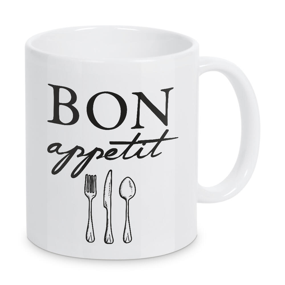 Tasse "Bon appetit - Besteck" artboxONE - Typografie,Essen & Trinken,Schwarzweiß - Bon appetit,Küche,Esszimmer