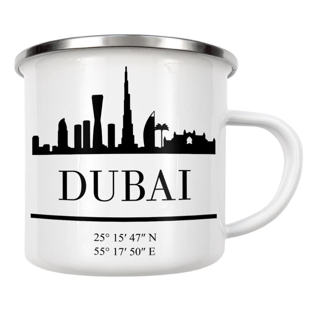 Emaille Tasse "DUBAI UAE BLACK SKYLINE ART" artboxONE - Städte,Reise,Schwarzweiß,Städte / Dubai,Kartografie