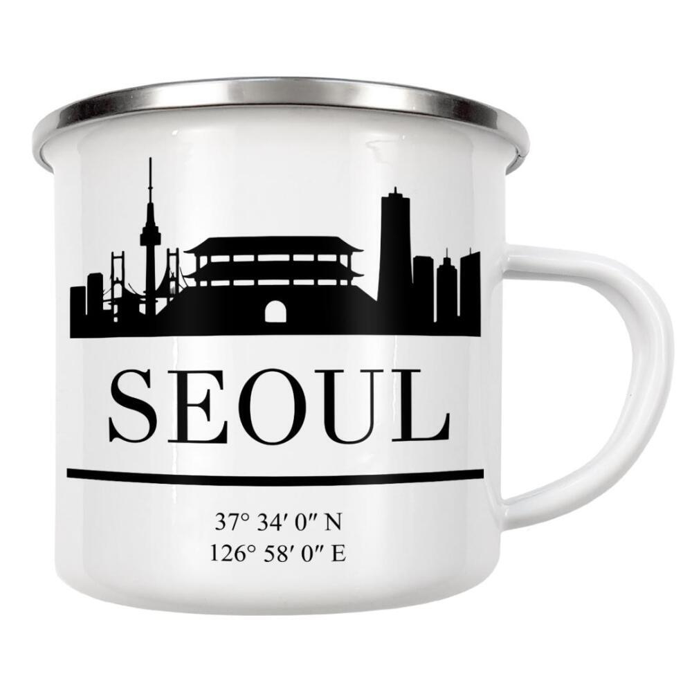 Emaille Tasse "SEOUL SOUTH KOREA BLACK SKYLINE" artboxONE - Städte,Schwarzweiß,Städte / Weitere - Seoul,South korea,Korea,Asia,Skyline,Coordinates