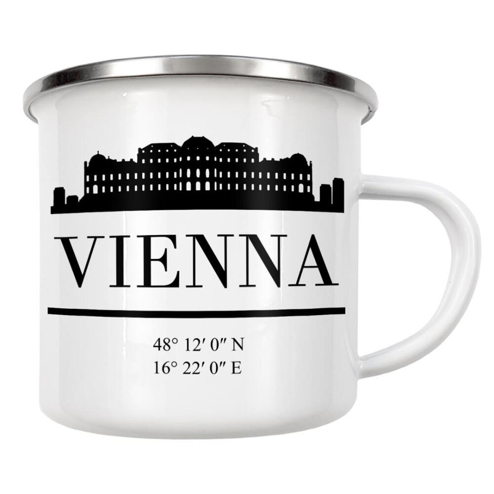 Emaille Tasse "VIENNA AUSTRIA BLACK SKYLINE ART" artboxONE - Städte,Reise,Schwarzweiß,Städte / Wien,Kartografie