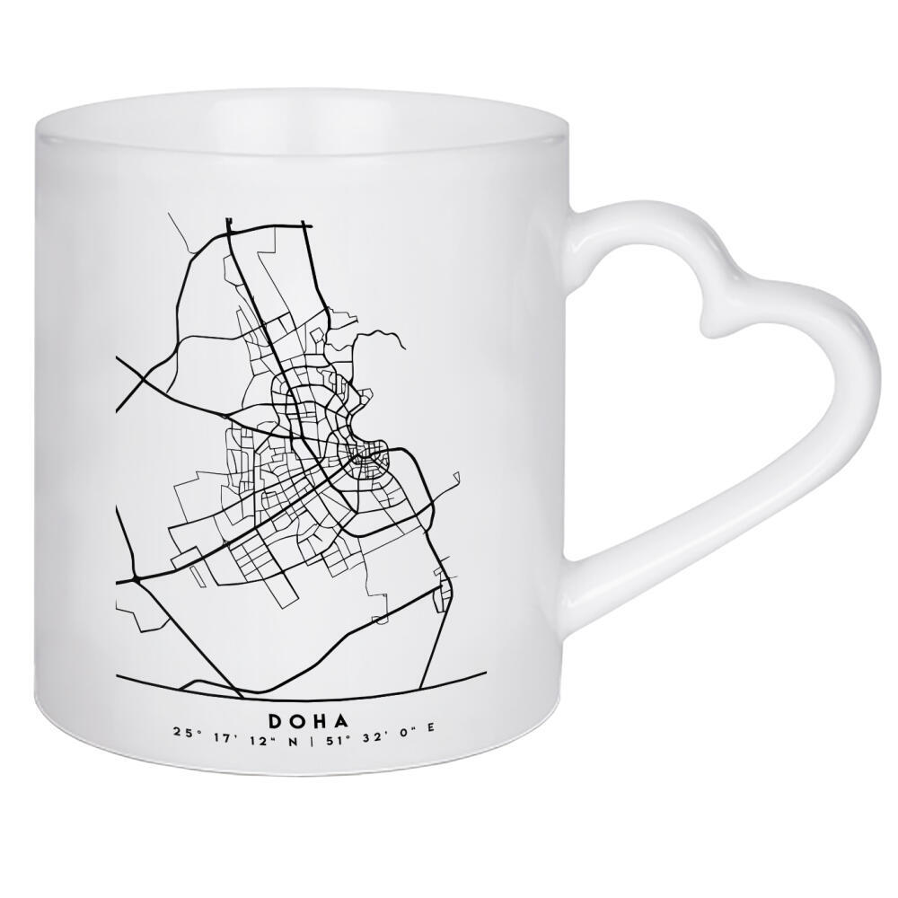 Herztasse "DOHA QATAR BLACK CITY MAP" artboxONE - Schwarzweiß,Städte / Weitere,Kartografie - Doha,Qatar,Katar,Map,Coordinates