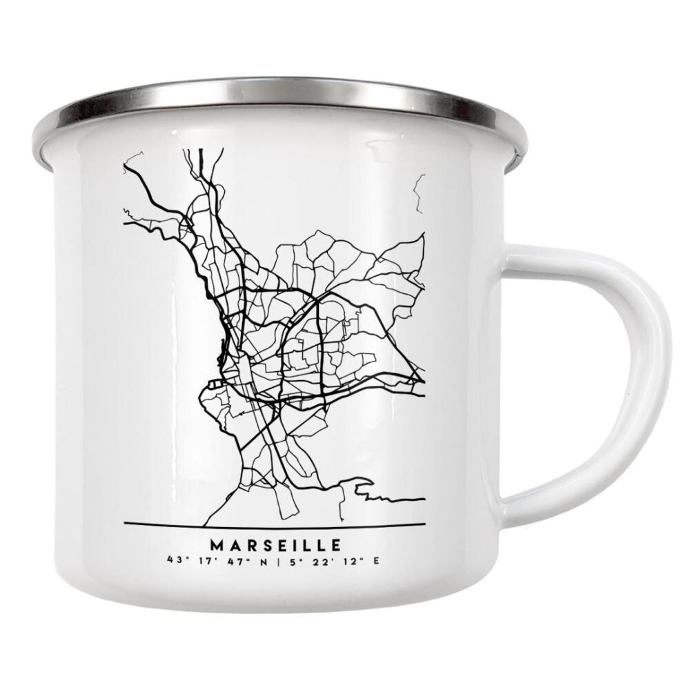 Emaille Tasse "MARSEILLE FRANCE BLACK CITY MAP" artboxONE - Städte,Reise,Schwarzweiß,Städte / Weitere,Kartografie