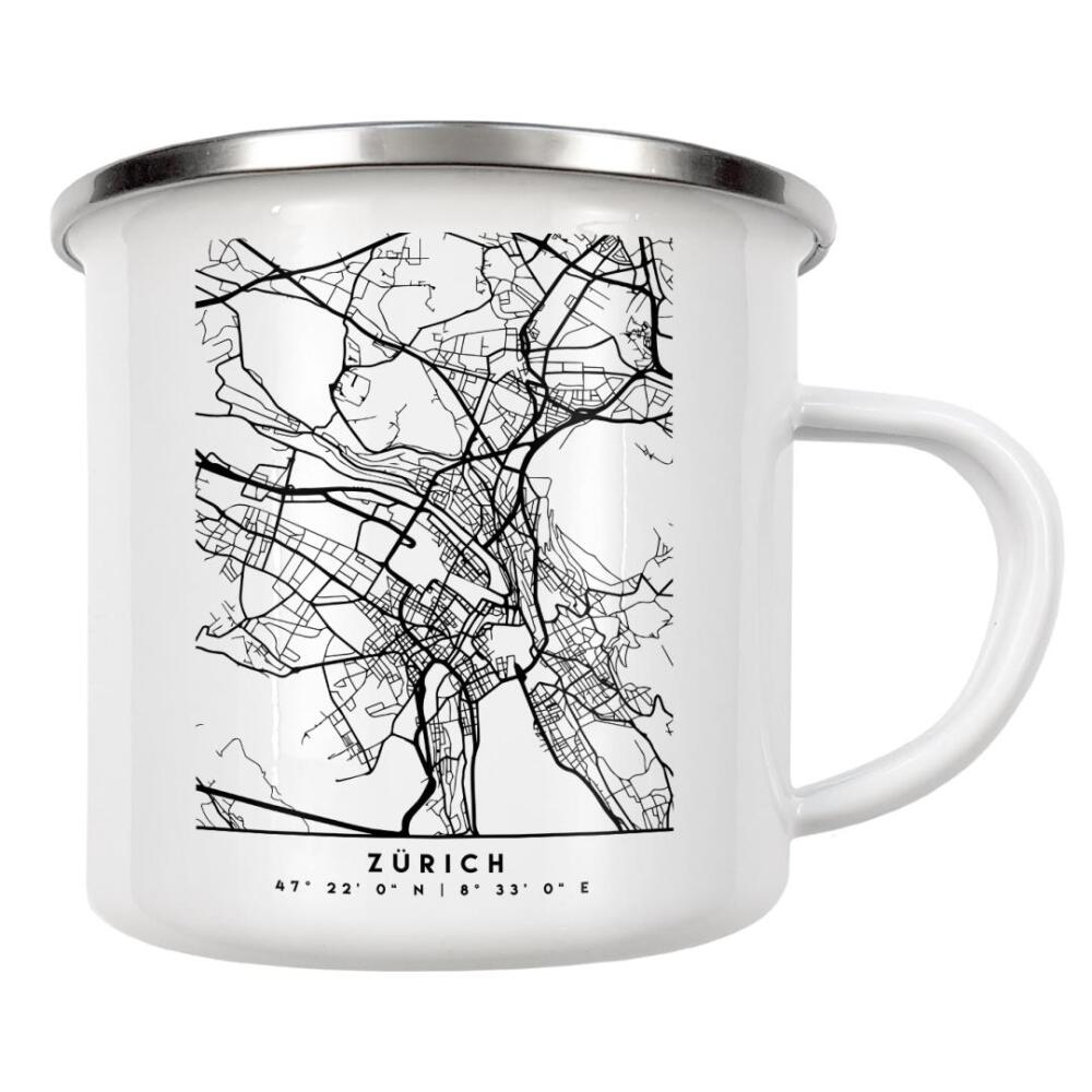 Emaille Tasse "ZURICH SWITZERLAND BLACK CITY MAP" artboxONE - Städte,Reise,Schwarzweiß,Städte / Zürich,Kartografie