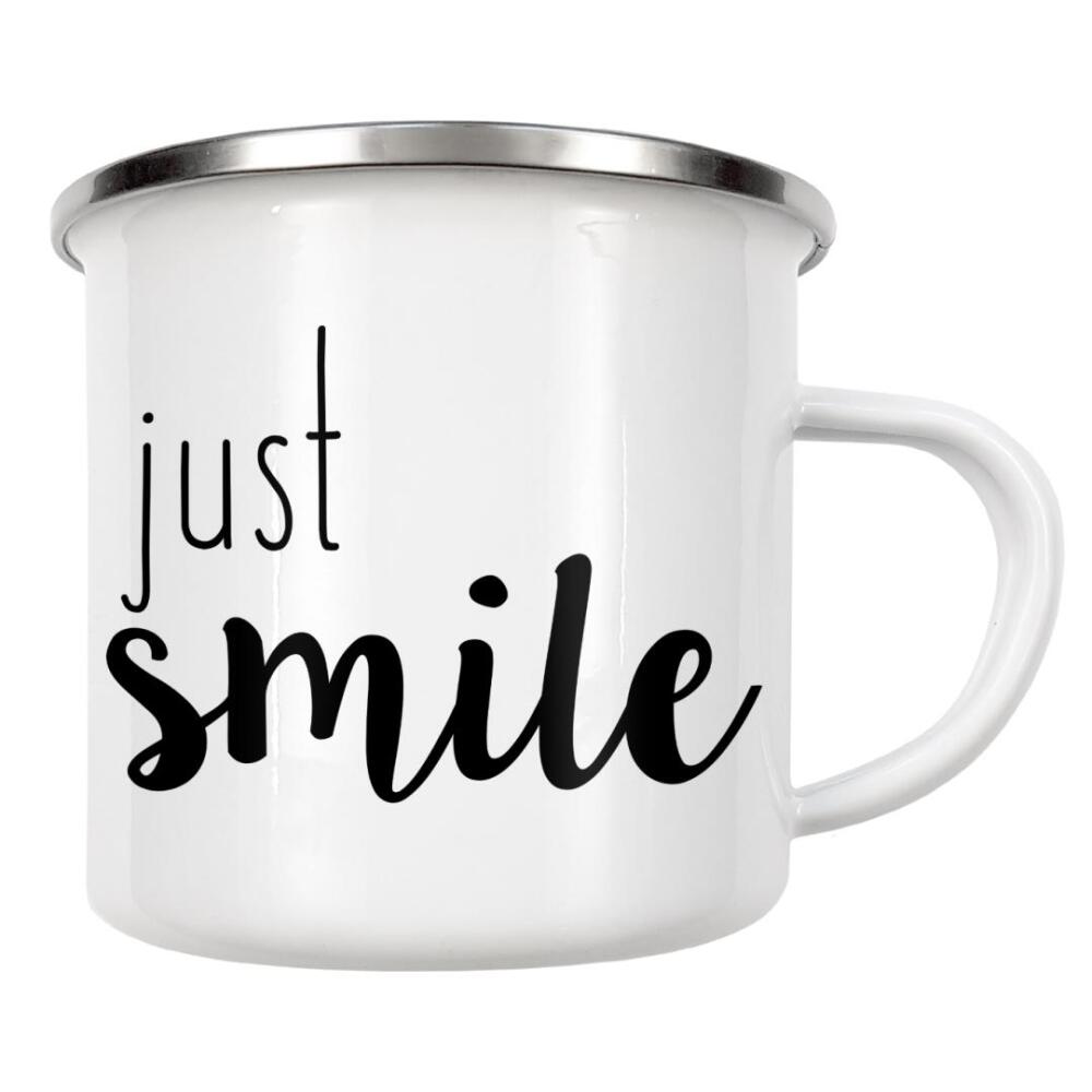 Emaille Tasse "Just Smile" artboxONE - Typografie,Schwarzweiß,Lustig