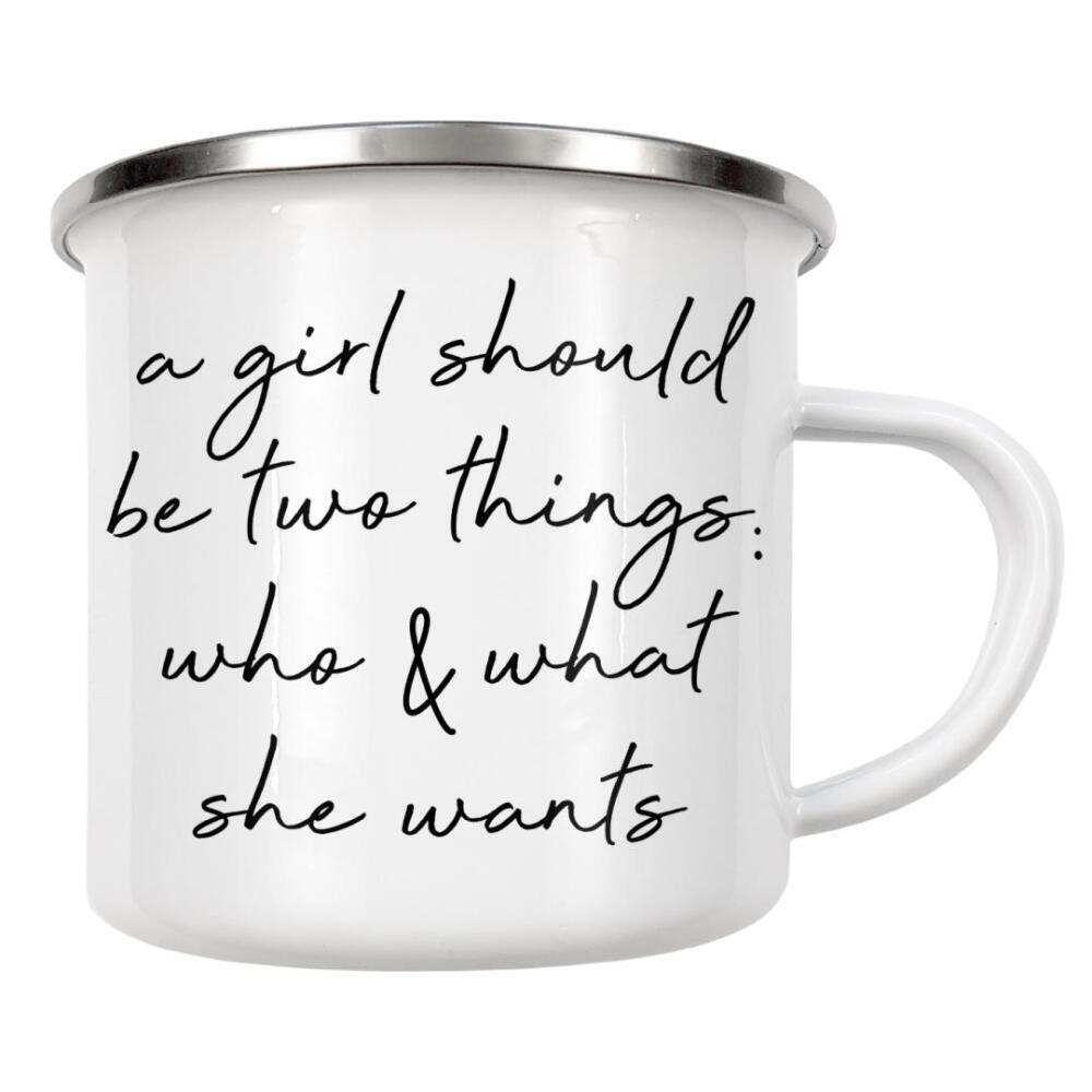 Emaille Tasse "A Girl Should Be: Who & What" artboxONE - Typografie,Schwarzweiß - Girlfriend,Girl power,Girlboss,Strong women,Feminism