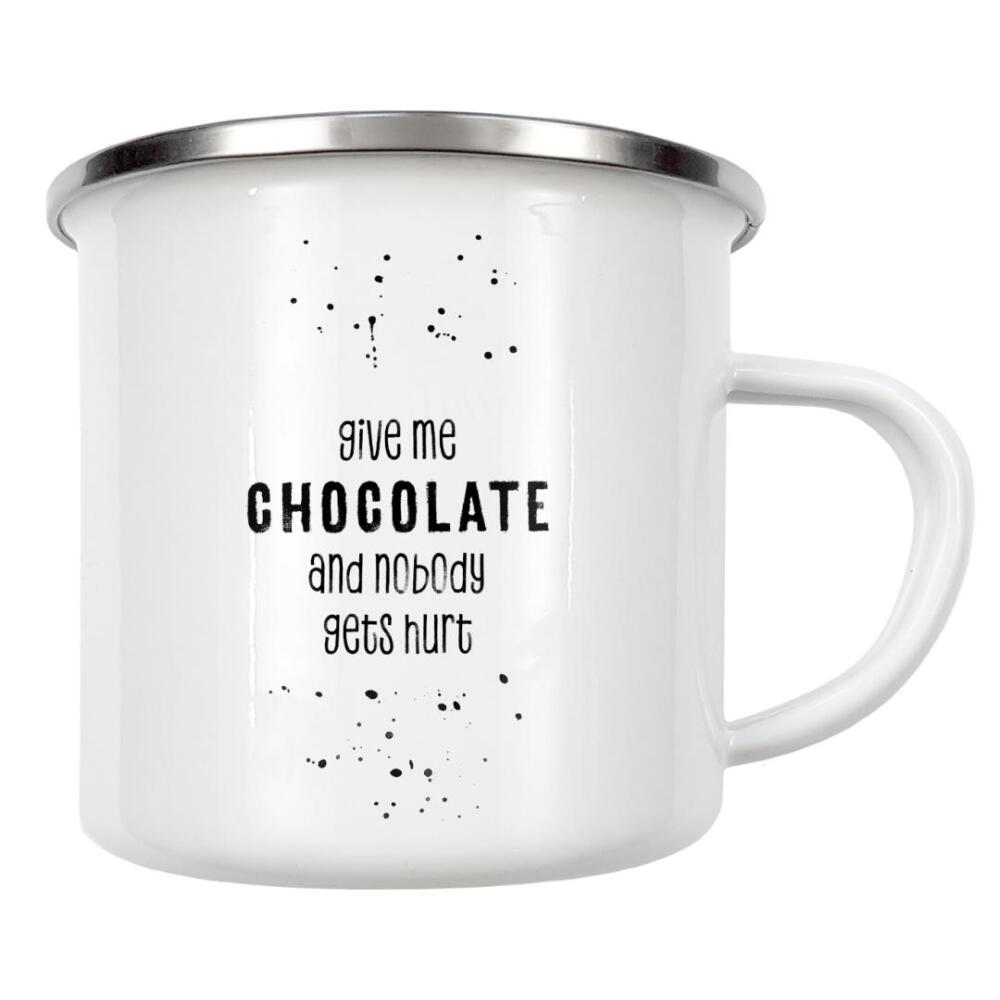 Emaille Tasse "Gib mir Schokolade" artboxONE - Typografie,Schwarzweiß - Spruch,Süßigkeiten,Lustiger spruch,Schokolade