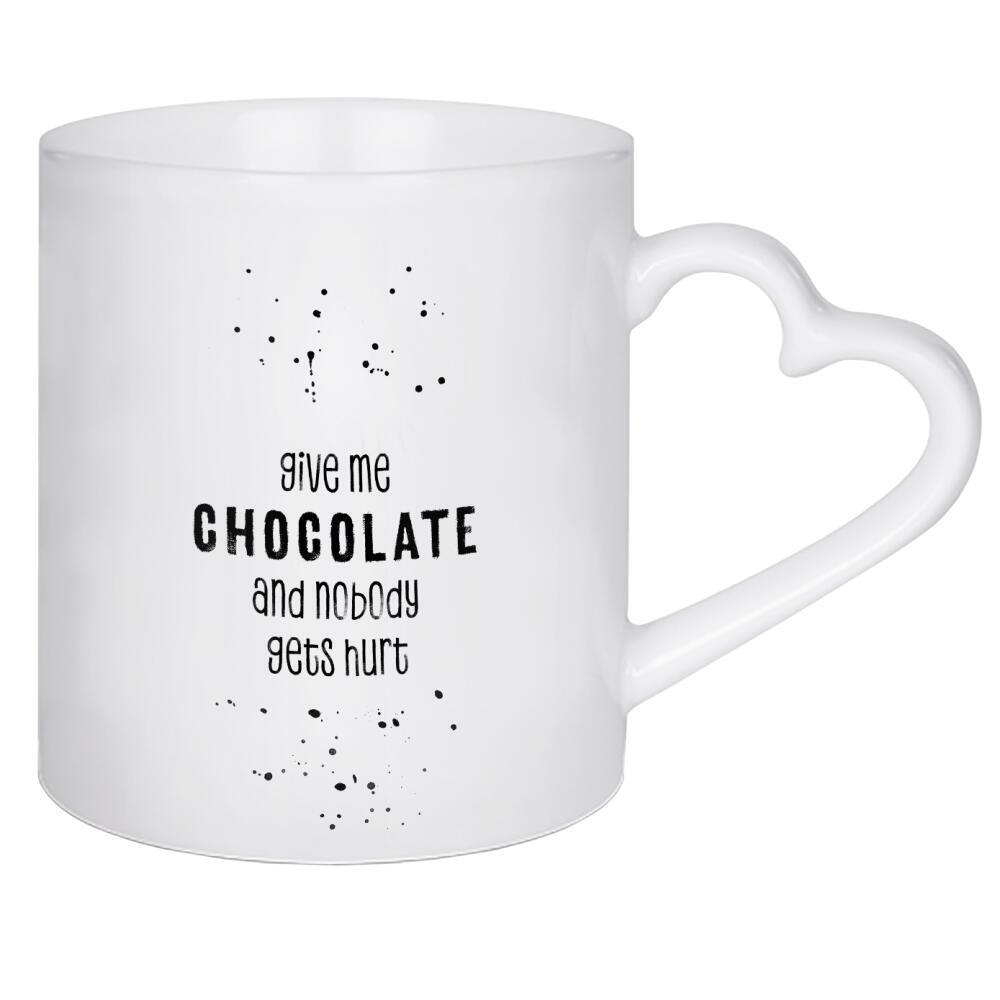Herztasse "Gib mir Schokolade" artboxONE - Typografie,Schwarzweiß - Spruch,Süßigkeiten,Lustiger spruch,Schokolade